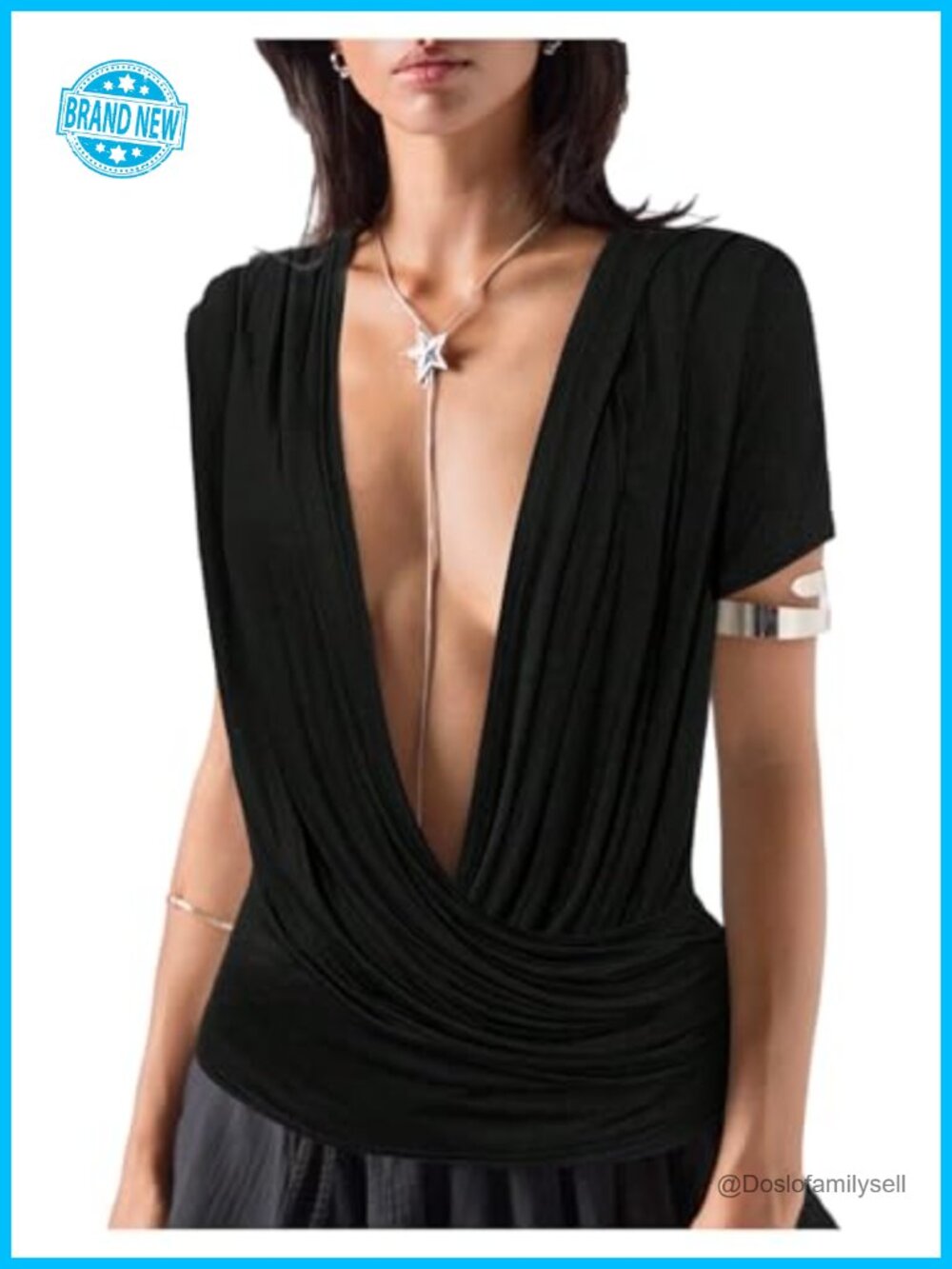 SOLY HUX Women's Short Sleeve Deep V Neck Cowl Neck Ruched Fitted T-Shirt